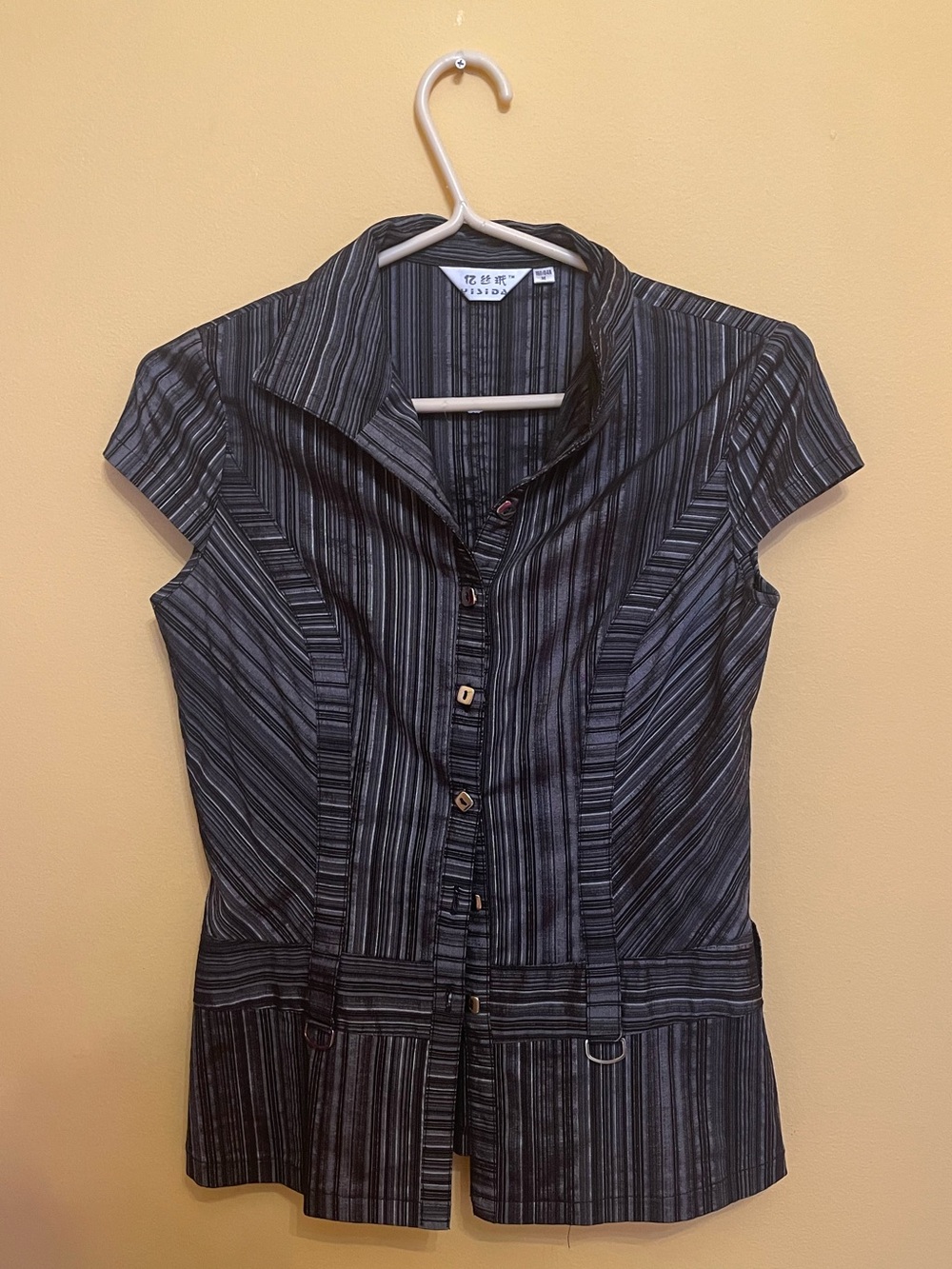 Cap-Sleeve Striped Button-Down Shirt - Black